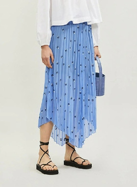 特价元清仓M家爱心刺绣百褶不规则蓝色女士松紧腰半身裙