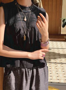 法式小众 2025早秋时尚简约黑色风琴褶边无袖编织圆领女背心