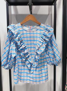 特价夏秋款泡泡纱荷叶边灯笼袖蓝色格纹减龄短款套装