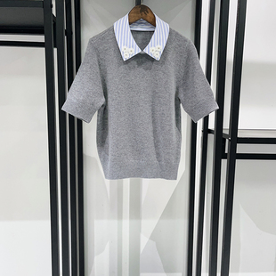 女士 领拼针织套头衫 法式 2026早春假两件钉钻绣花蓝白条衬衫