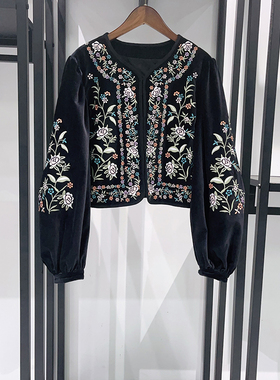 法式小众 2025秋冬时尚黑色丝绒多彩花卉刺绣圆领超短女外套