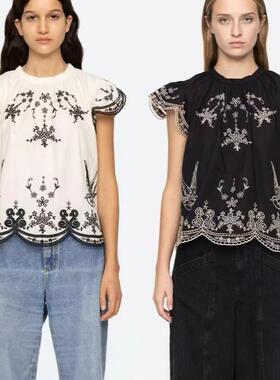 亏清SA25年新款上衣复古飞鸟镂空刺绣松紧圆领小飞袖蕾丝边衬衫