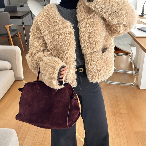 亏清Savi~款秋冬潮品环保皮毛一体双面夹克卡其圆领保暖皮草外套