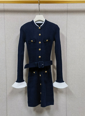 2025秋冬  藏蓝色千金优雅精致圆领单排扣针织女士连衣裙