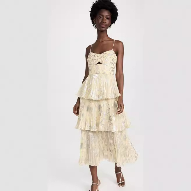 代工厂sp~24系列烫金百褶蛋糕吊带雪纺连衣裙中长款