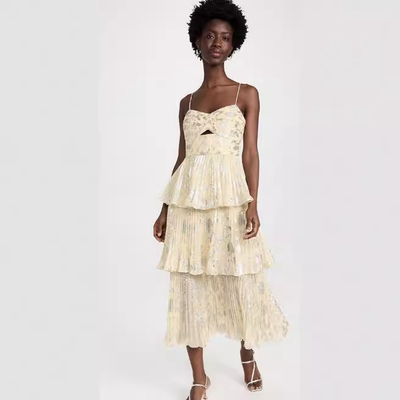 代工厂sp~24系列烫金百褶蛋糕吊带雪纺连衣裙中长款