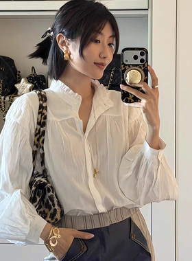 亏清SAVI~款法式2026春夏洋气柔顺木耳花边领宽松灯笼袖白色衬衫