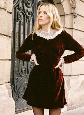 亏清超值DO美式圣诞新年款~秋冬天鹅绒拼接蕾丝花边圆领连衣裙