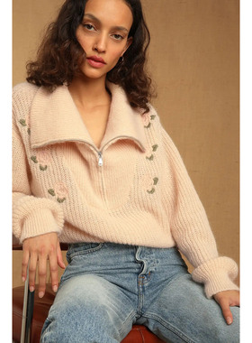 亏本清仓~NO退NO换~Rou花朵玫瑰绣花翻领拉链马海毛羊毛宽松