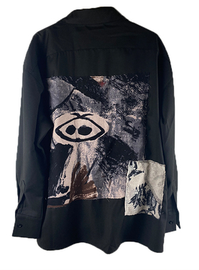 FLEE BASEMENT Remake春秋小众图案贴布宽松休闲黑色超长衬衫男女