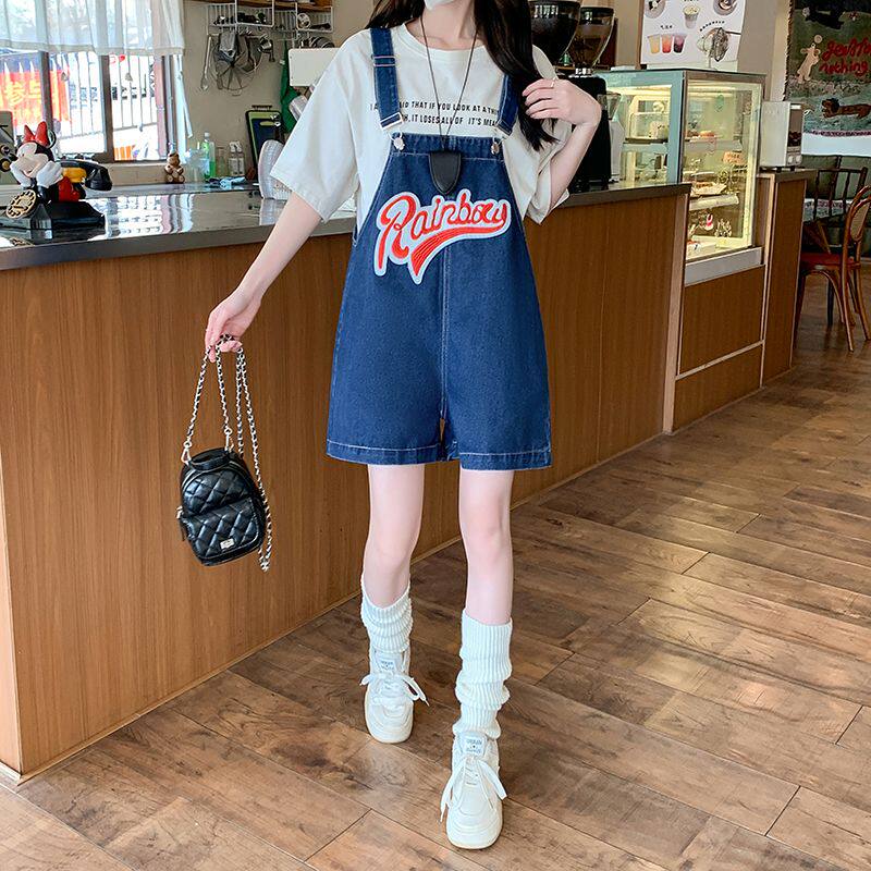 美式街头牛仔背带裤女宽松直筒阔腿短款红色刺绣裤子潮