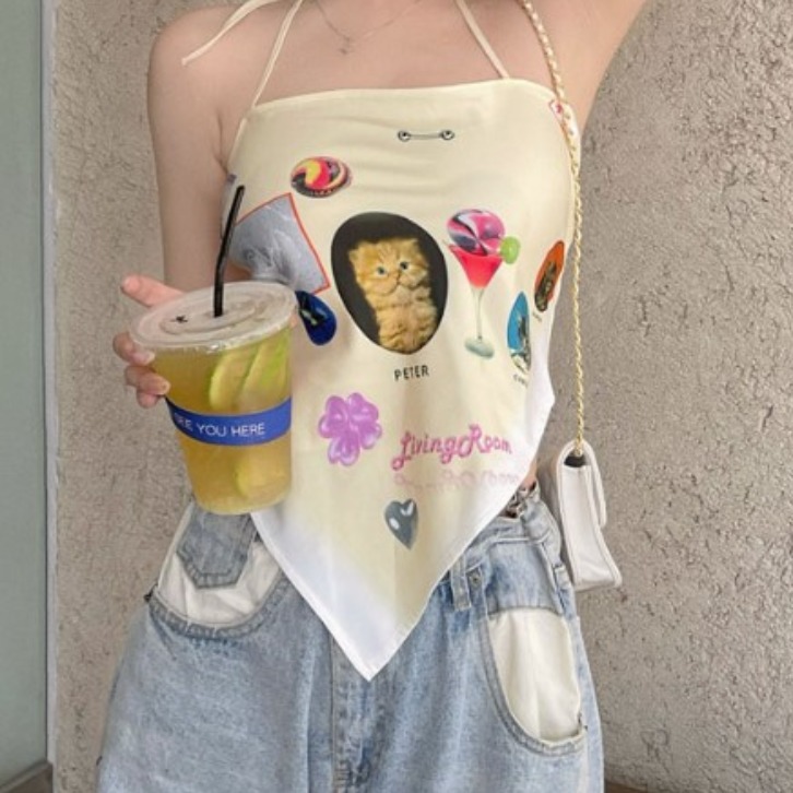 设计感外穿吊带女小众夏辣妹穿搭印花挂脖裹胸三角巾背心打底上衣