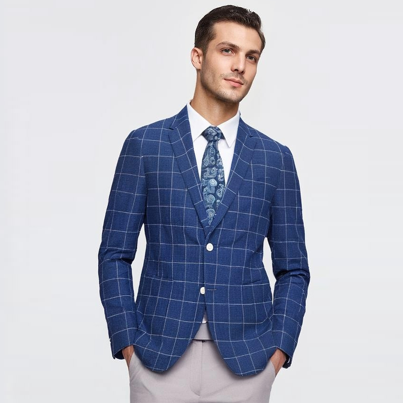 路易牌蓝色马海毛单西装商务休闲男士时尚格纹便西服毛料外套