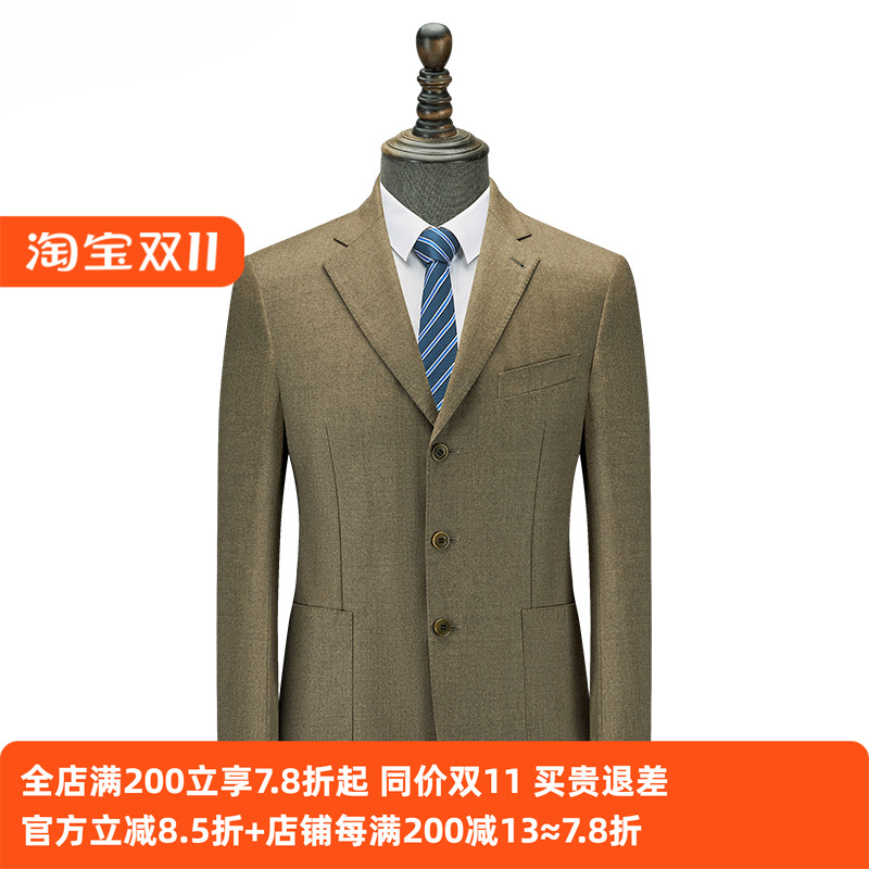 【吉家】纯羊毛西装外套秋冬磨毛休闲男士纯色毛料西服上班后中开