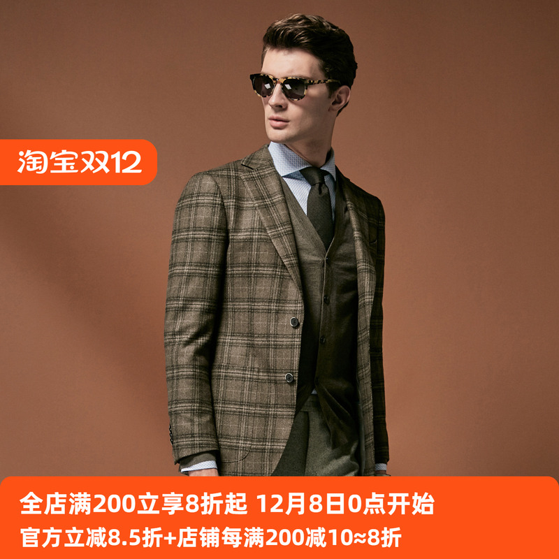【吉家】意大利面料秋冬厚款休闲男士格子便西装外套纯羊毛料单西