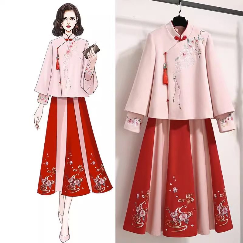 HANFU 당나라 정장 신년 인사 정장 가을 겨울 스타일 중국 스타일 선 자수 두껍고 따뜻한 고대 의상 여성용 투피스 세트 착용