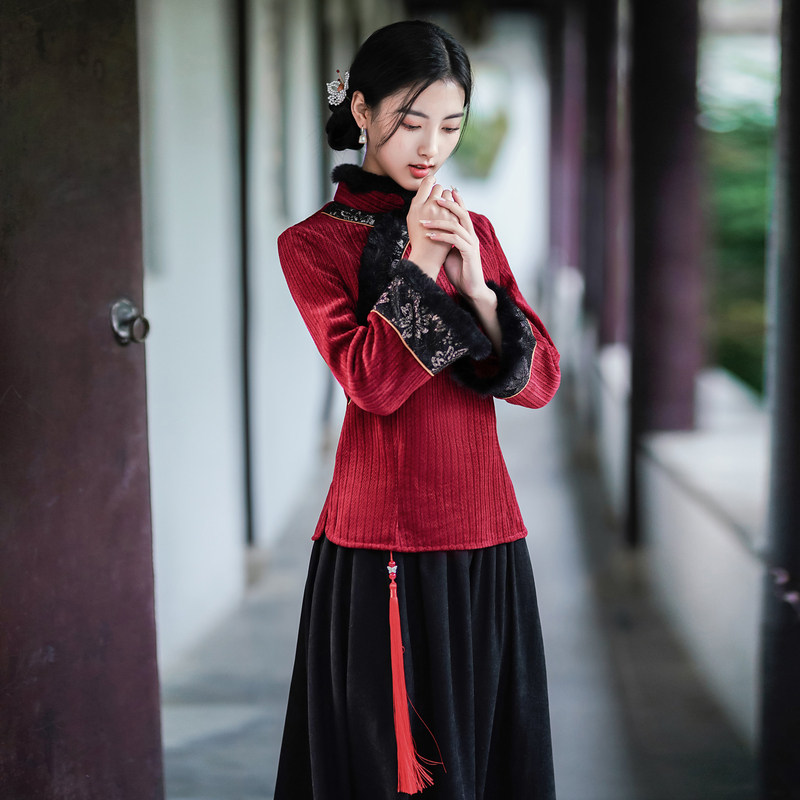 새로운 중국 스타일 셔닐 실 국가 스타일 여성 겨울 당나라 HANFU 복고풍 스탠드 칼라 탑 롱 스커트 티 드레스 투피스 세트