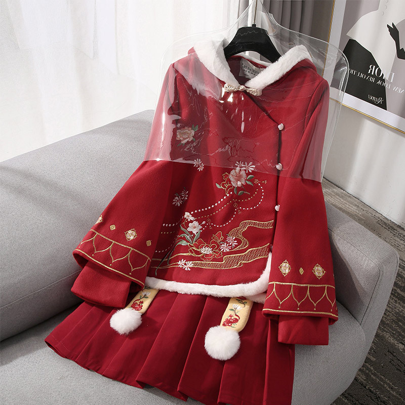 HANFU 정장 여성 겨울 의류 복고풍 개선 치파오 한 요소 동물 년 빨간색 상단 모직 두꺼운 중국 스타일