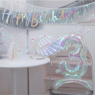 透明炫彩站立数字气球装饰女孩生日派对场景布置拍照道具翅膀铝膜