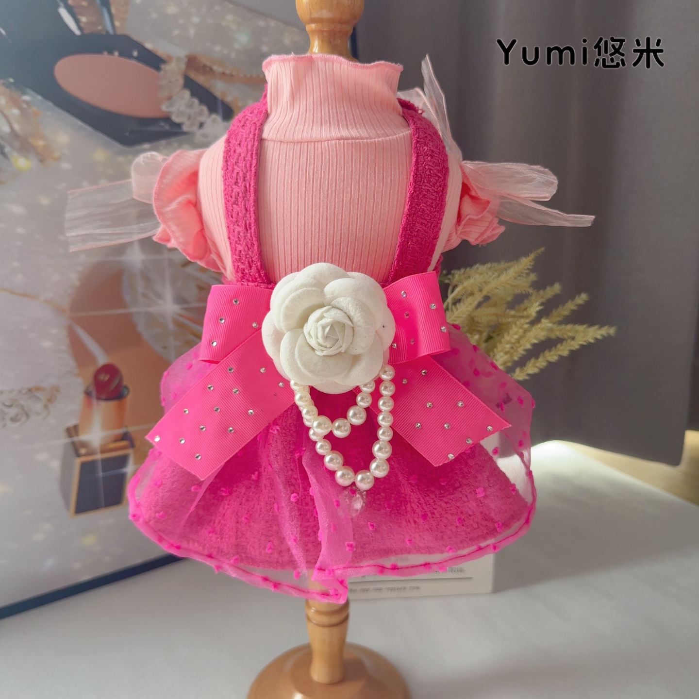YumiPaws宠物狗狗衣服秋冬网纱公主裙小香粉色保暖柔软小型犬泰迪