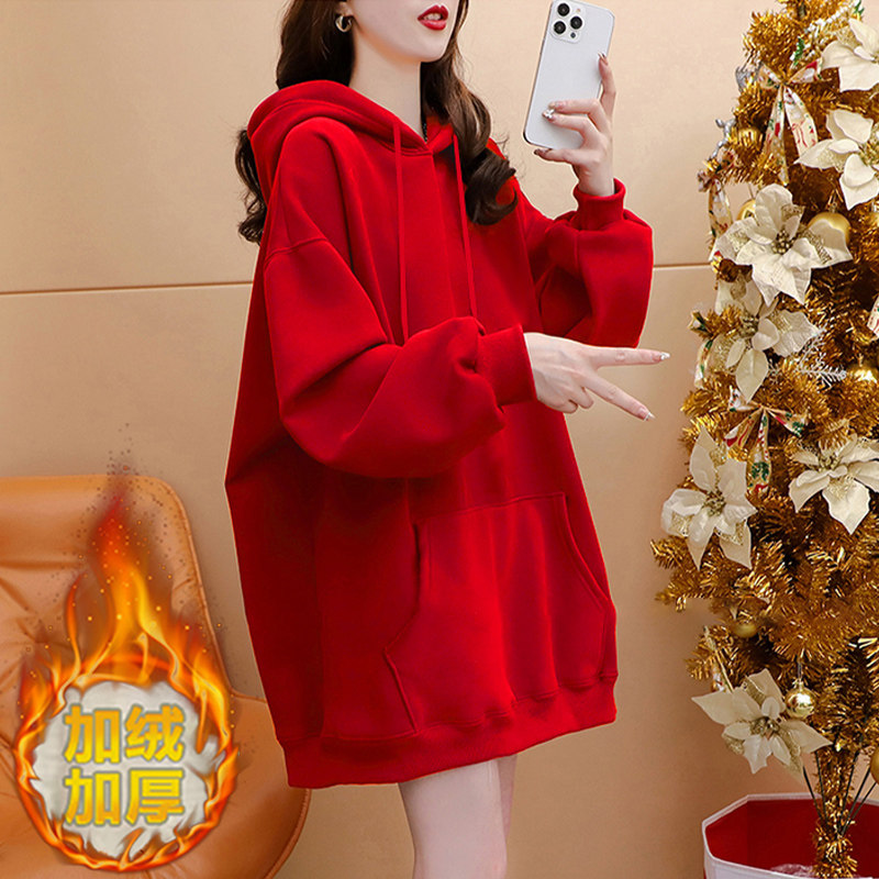 香港2025秋春季新款红色气质欧货卫衣女胖mm显瘦遮屁股中长版上衣