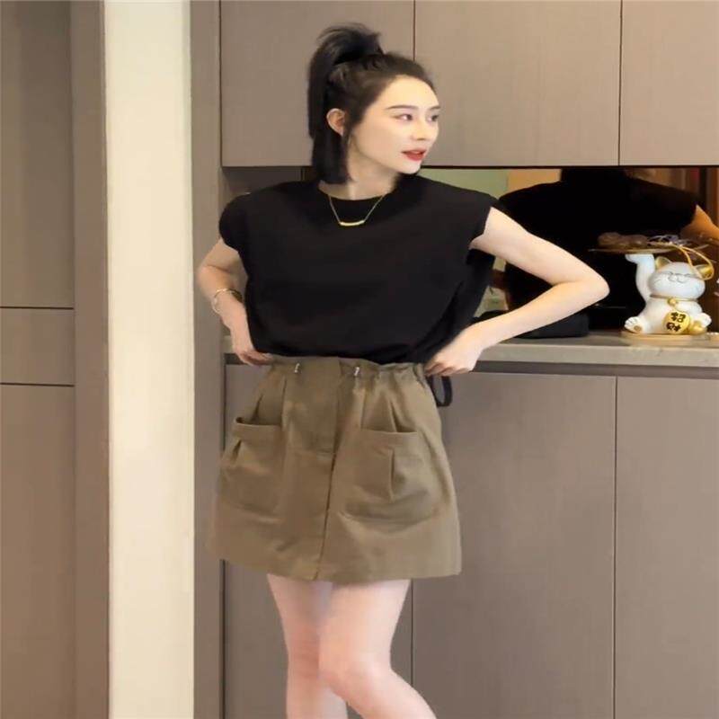 香港休闲运动套装女夏季垫肩无袖坎肩上衣抽绳工装短裙时尚两件套