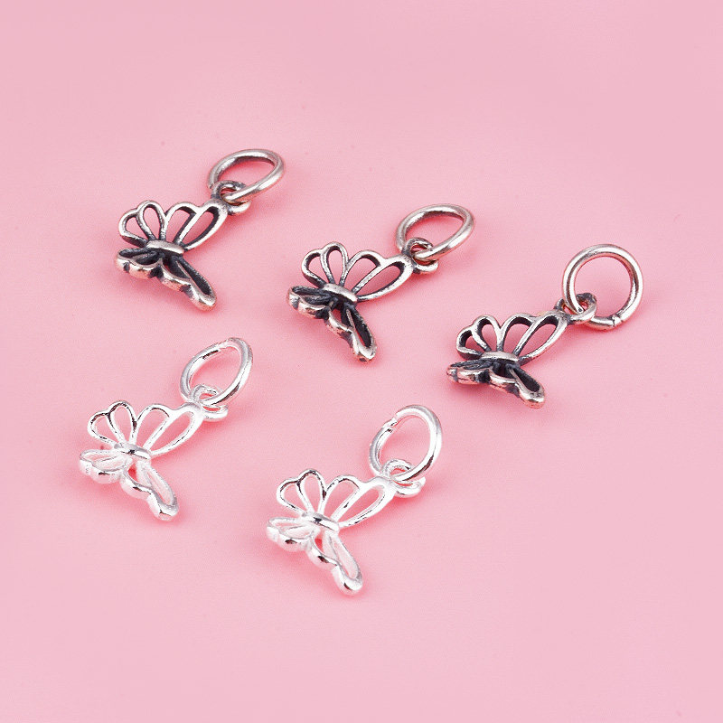 S925纯银镂空小蝴蝶吊坠小挂件编绳串珠珍珠水晶手链DIY饰品配件