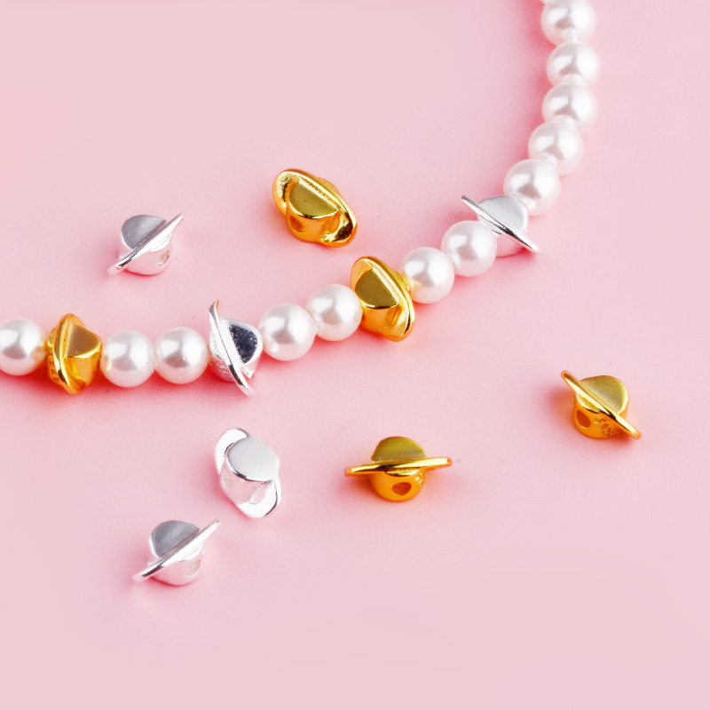 S925纯银精工立体星球隔珠珍珠水晶手链隔片手工diy银色金色土星