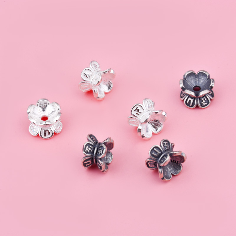 S925纯银复古双面花托六字真言花帽配件DIY手工串珠水晶手链首饰