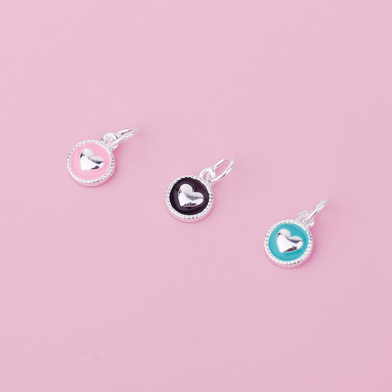 日韩版s925纯银滴胶滴油爱心圆牌吊坠 DIY吊坠手链项链挂坠