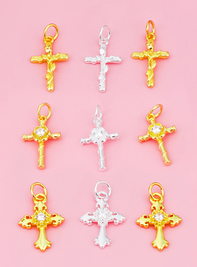 S925纯银diy饰品配件 精致十字架玫瑰吊坠挂坠 串珠材料手链项链