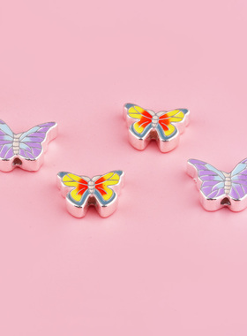 S925纯银精工滴胶隔珠紫色黄色蝴蝶散珠水晶手链串珠编绳diy配件