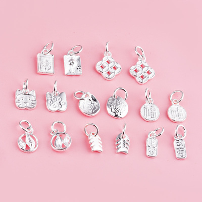 S999足银纯银鱼骨头吊坠铜钱挂件福字鱼尾巴滴溜串珠水晶手链配件