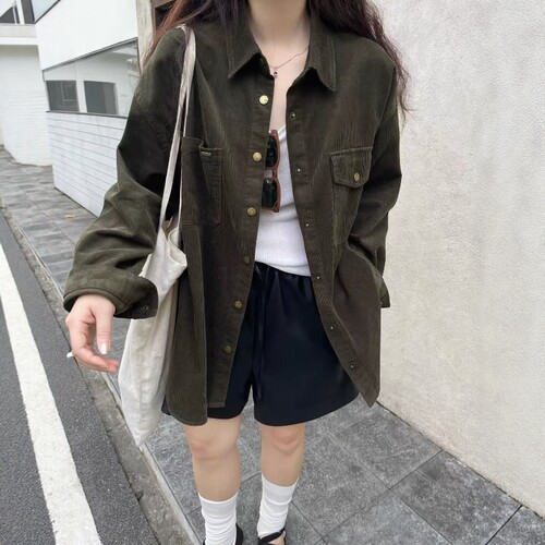 one seven复古翻领灯芯绒衬衫女2026秋宽松百搭休闲长袖衬衣外套