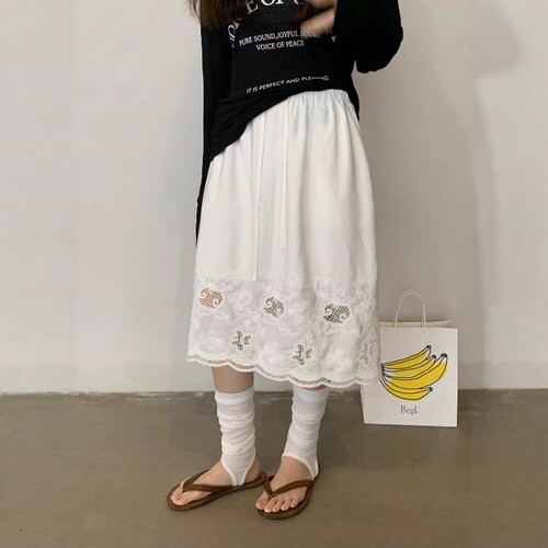 one seven白色镂空蕾丝半身裙女2026夏季松紧高腰显瘦减龄中长裙