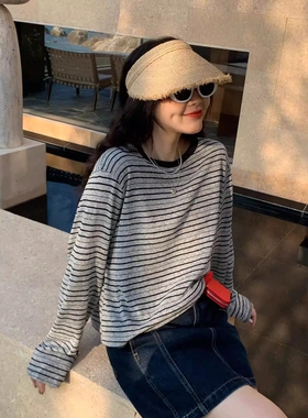 one seven灰色条纹长袖T恤女2026春季韩版显瘦宽松百搭套头上衣潮