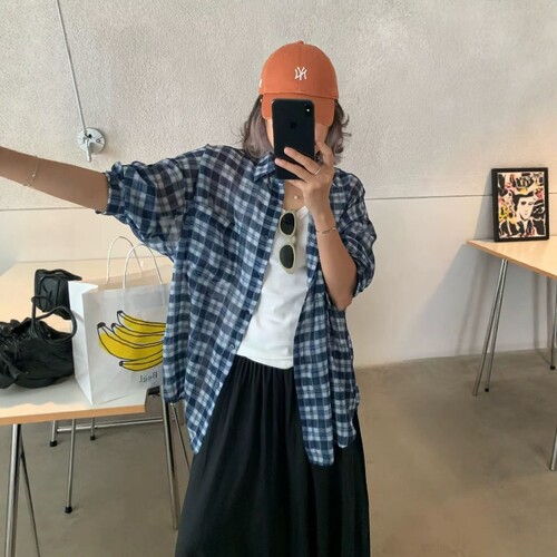 one seven复古雪纺格子衬衫女2026夏长袖宽松翻领纽扣衬衣防晒衣