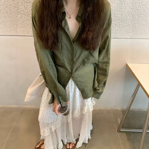 one seven纯色苎麻翻领长袖衬衫女2026夏季宽松显瘦百搭防晒上衣