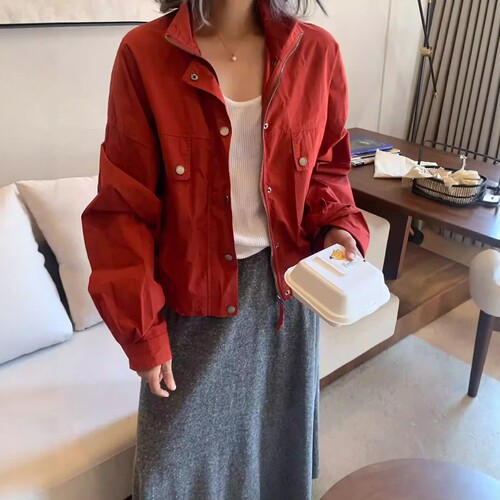 one seven韩系红色立领洗水风衣外套女2026春季宽松休闲夹克上衣