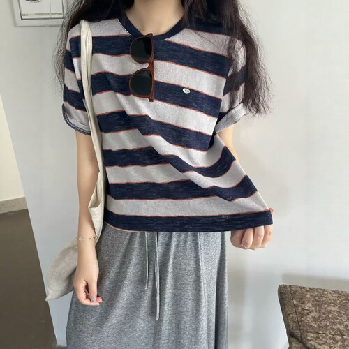 one seven韩系条纹圆领短袖T恤女2026夏宽松显瘦百搭套头短款上衣