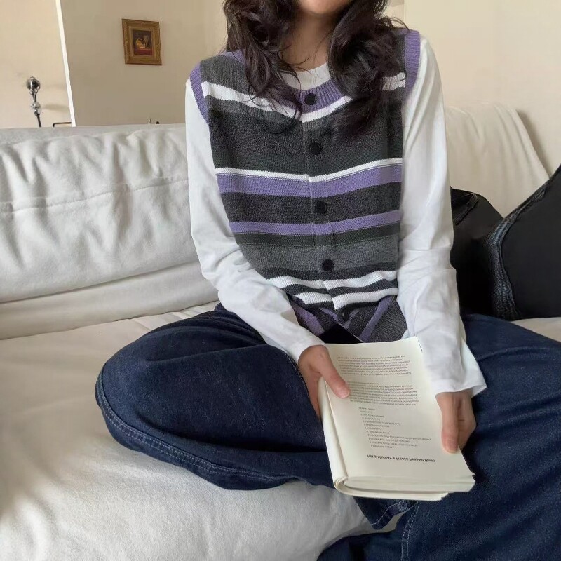 韩系条纹圆领无袖针织背心女2026秋宽松显瘦百搭叠穿坎肩马甲上衣