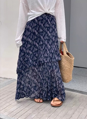 one seven韩系紫色花半身裙女2026春夏松紧高腰百搭显瘦A字裙长裙