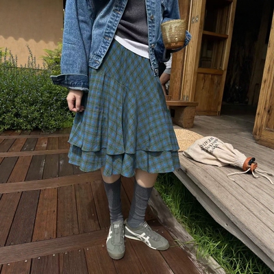 one seven不规则格子半身裙女2026早秋休闲百搭高腰格纹a字裙中裙