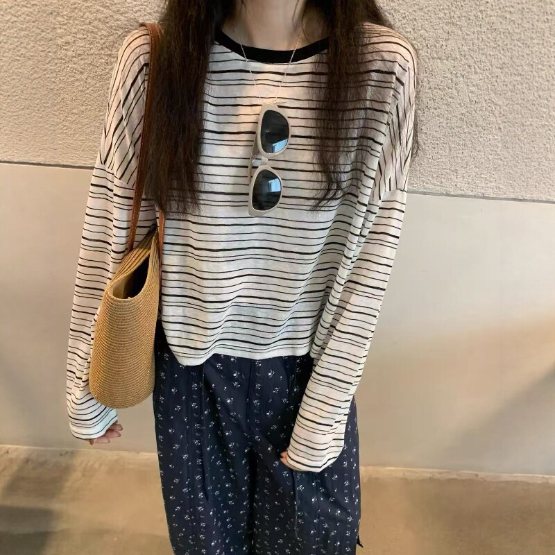 one seven韩版拼色条纹长袖防晒T恤女2026夏宽松轻薄透气百搭上衣