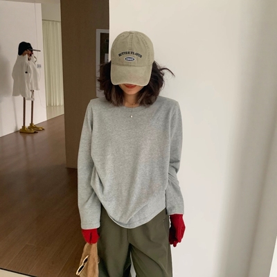 one seven圆领磨毛长袖T恤女2025秋冬宽松纯色基础款打底衫上衣潮