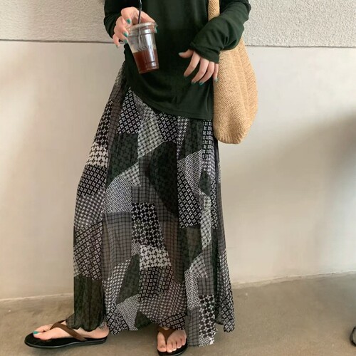 one seven复古拼接印花半身裙女夏季松紧腰显瘦气质A字裙百搭长裙