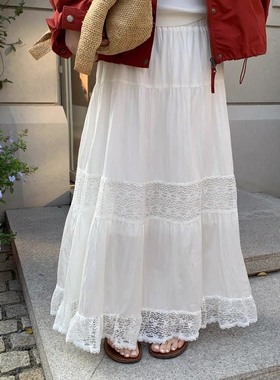 one seven甜美风白色拼接蕾丝半身裙女2026春休闲显瘦中长款A字裙