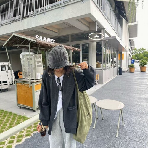 one seven韩版空气棉V领长袖卫衣开衫女2026秋休闲宽松百搭外套潮