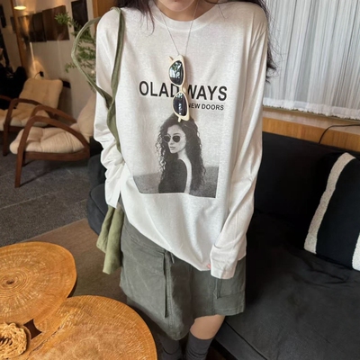 one seven人物字母印花长袖T恤女2026秋宽松显瘦百搭休闲打底上衣