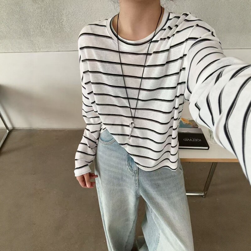 冰丝麻条纹长袖防晒T恤女2026夏季宽松百搭圆领休闲空调衫上衣潮